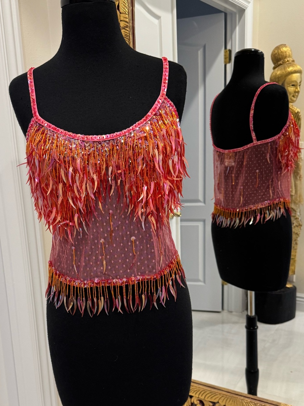 Beaded Fringe Pink Sequin stretch mesh Attitudes by Debra Cami Top - Picture 4 of 5